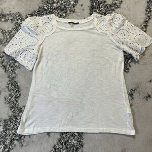 Elie Tahari Shirt Womens Size Small White Eyelet Embroidered Short Sleeve‎